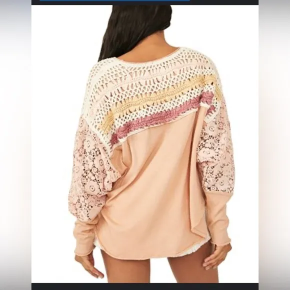 Free People High Hopes cotton crochet yoke lace sleeve top granny square pink XS