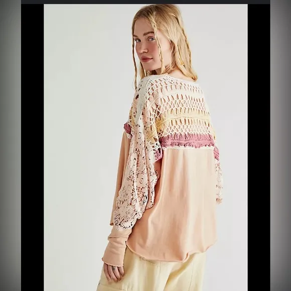 Free People High Hopes cotton crochet yoke lace sleeve top granny square pink XS