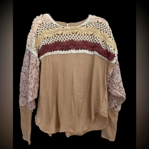 Free People High Hopes cotton crochet yoke lace sleeve top granny square pink XS