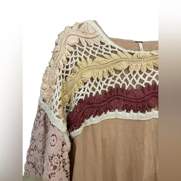 Free People High Hopes cotton crochet yoke lace sleeve top granny square pink XS