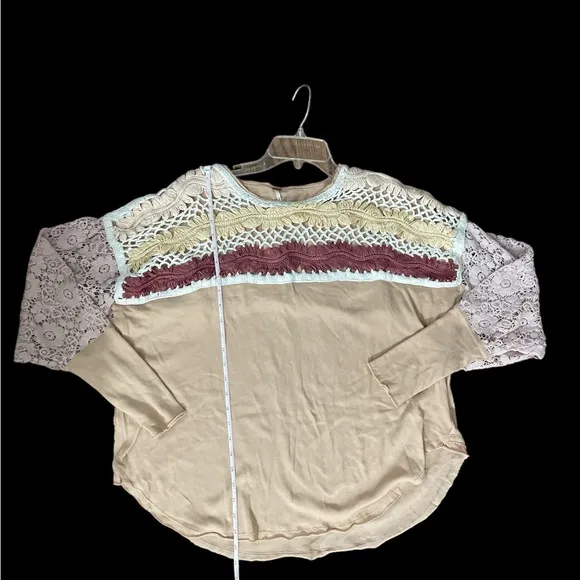 Free People High Hopes cotton crochet yoke lace sleeve top granny square pink XS