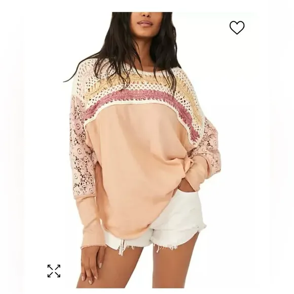 Free People High Hopes cotton crochet yoke lace sleeve top granny square pink XS