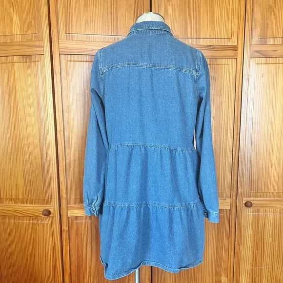 Free People Large Nicole Denim Tiered Ruffled Short Dress Boho Western Cotton