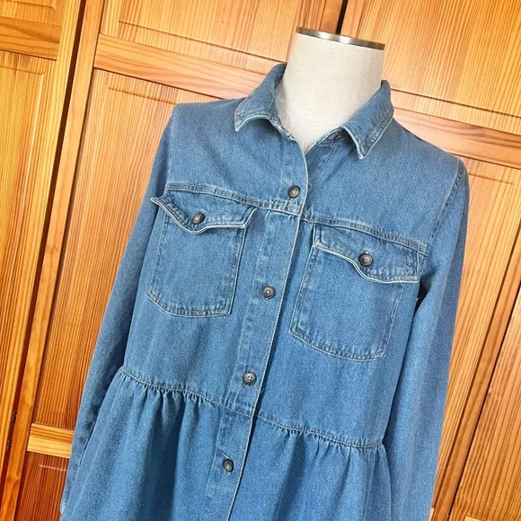 Free People Large Nicole Denim Tiered Ruffled Short Dress Boho Western Cotton