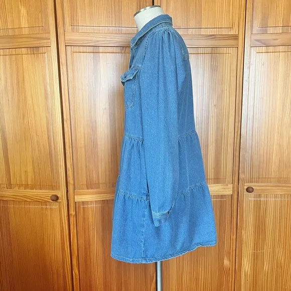 Free People Large Nicole Denim Tiered Ruffled Short Dress Boho Western Cotton