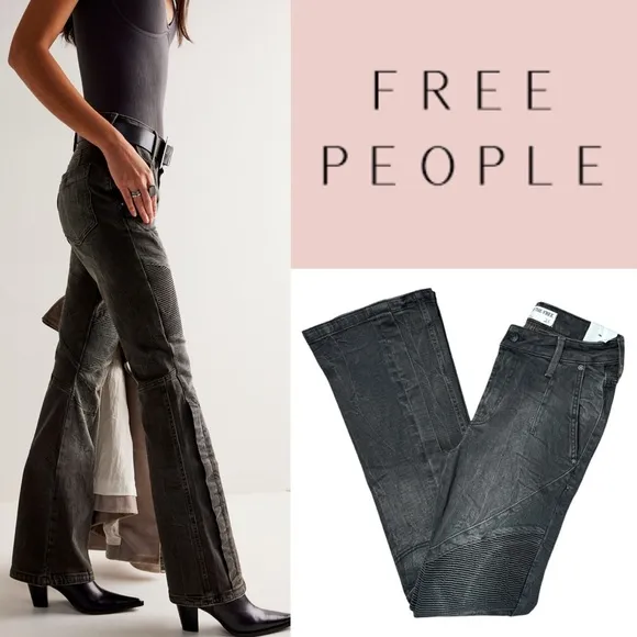 FREE PEOPLE WE THE FREE VECTOR MOTO MID RISE FLARE WASHED BLACK JEANS **NWT**
