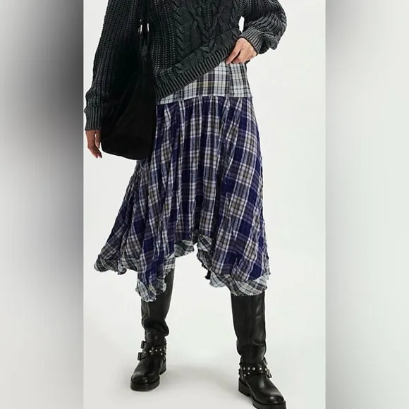 FREE PEOPLE Whitestone Plaid Midi Skirt in Blue Combo NWOT size 0