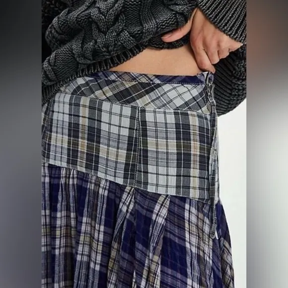FREE PEOPLE Whitestone Plaid Midi Skirt in Blue Combo NWOT size 0