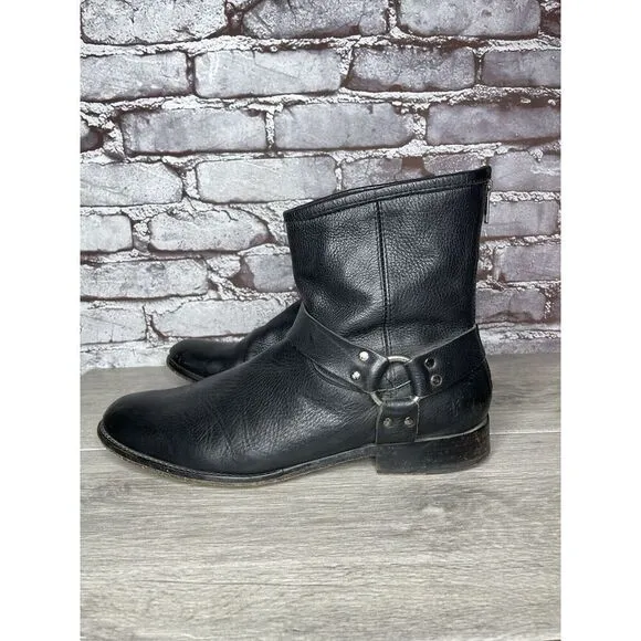 Frye Black Leather Harness Moto Biker Back Zip Mexico Boots Men’s Sz 11D US/44EU