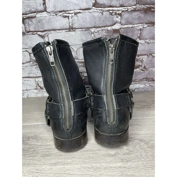 Frye Black Leather Harness Moto Biker Back Zip Mexico Boots Men’s Sz 11D US/44EU