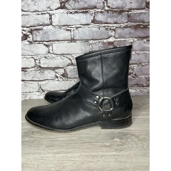 Frye Black Leather Harness Moto Biker Back Zip Mexico Boots Men’s Sz 11D US/44EU
