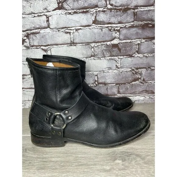 Frye Black Leather Harness Moto Biker Back Zip Mexico Boots Men’s Sz 11D US/44EU