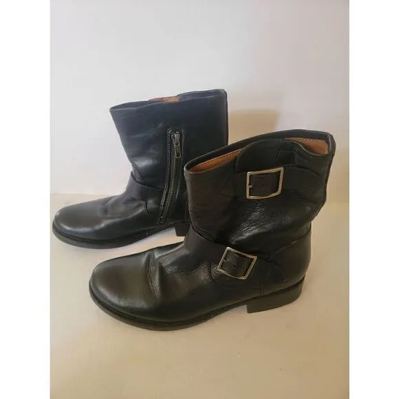 Frye Vicky Engineer Women's Black Leather Double Buckle Zip Moto Boots Size 8.5