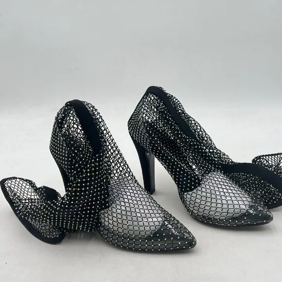 FSJ Black Diamante Fish Net Sexy High Heel Boots