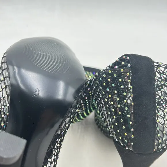 FSJ Black Diamante Fish Net Sexy High Heel Boots