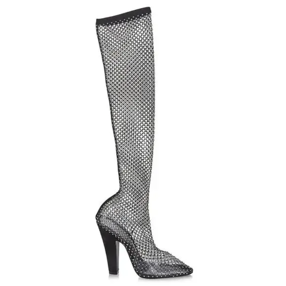 FSJ Black Diamante Fish Net Sexy High Heel Boots