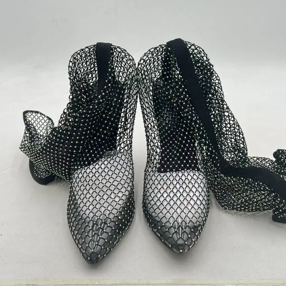 FSJ Black Diamante Fish Net Sexy High Heel Boots