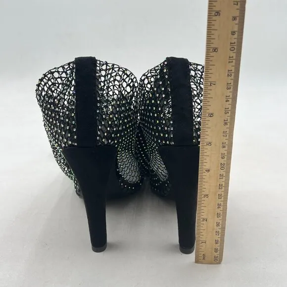 FSJ Black Diamante Fish Net Sexy High Heel Boots