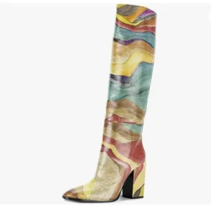 FSJ Women Fashion Knee High Stretch Long Boots Round Toe Block Chunky Heel