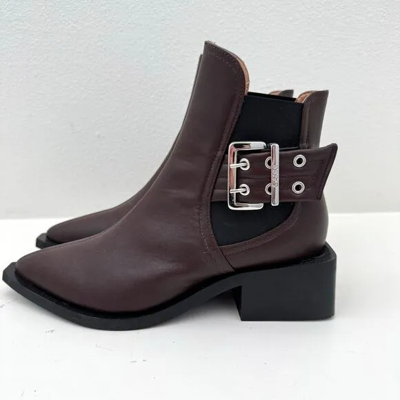 Ganni Brown Feminine Buckle Ankle Boots Women's 40 NWOB