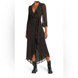 Ganni Navy Blue Polka-Dot Georgette Maxi Wrap Dress EU size 36/4 fairy core