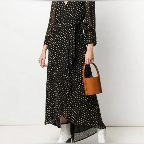 Ganni Navy Blue Polka-Dot Georgette Maxi Wrap Dress EU size 36/4 fairy core