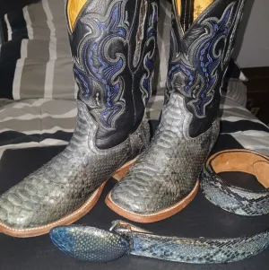 Genuine Python Skin Men's Black and Blue Western Boots