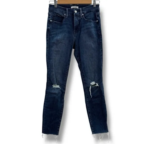 Good American Good Legs Crop Jeans Mid Rise Skinny Leg Distressed Raw Hem Sz 26