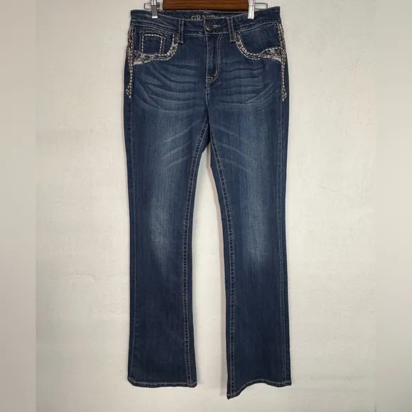 Grace in LA Blue Boot Cut Jeans Embroidered Embellished pockets Sz 29