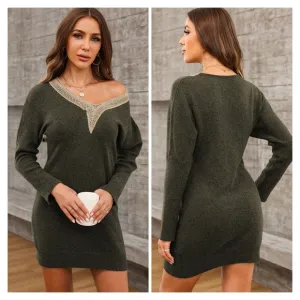 Green V-Neck Sweater Dress