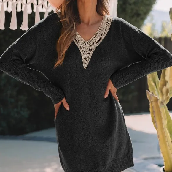 Green V-Neck Sweater Dress