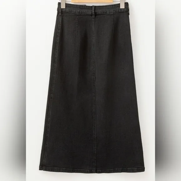 High-Rise Asymmetrical Button-Up Black Demim Front Slit Retro Jean Midi Skirt