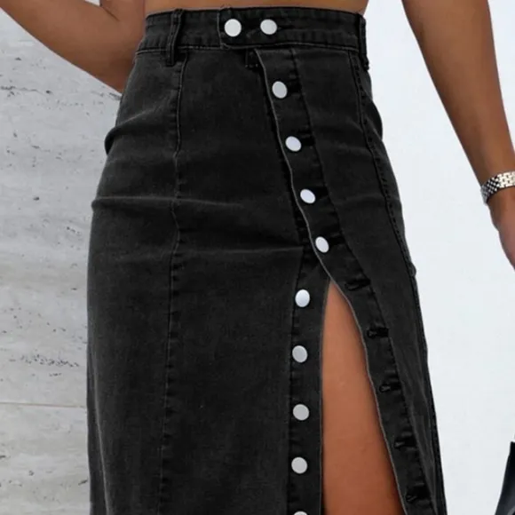 High-Rise Asymmetrical Button-Up Black Demim Front Slit Retro Jean Midi Skirt