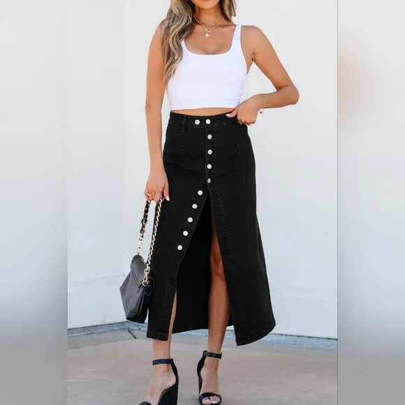 High-Rise Asymmetrical Button-Up Black Demim Front Slit Retro Jean Midi Skirt