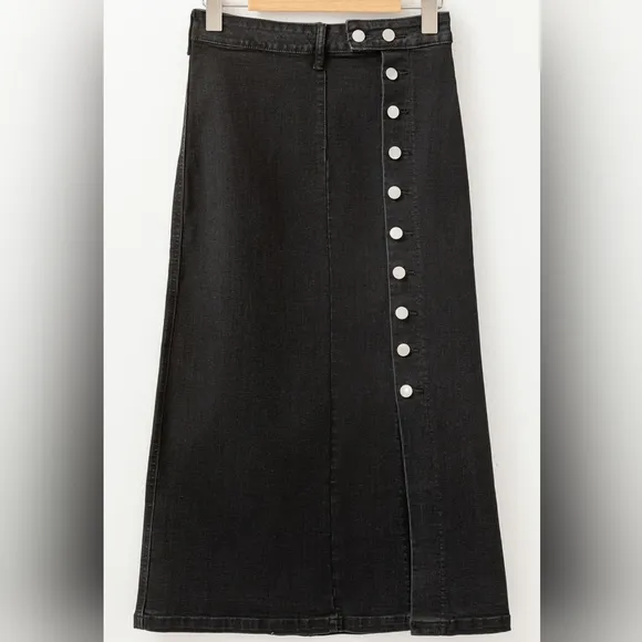 High-Rise Asymmetrical Button-Up Black Demim Front Slit Retro Jean Midi Skirt
