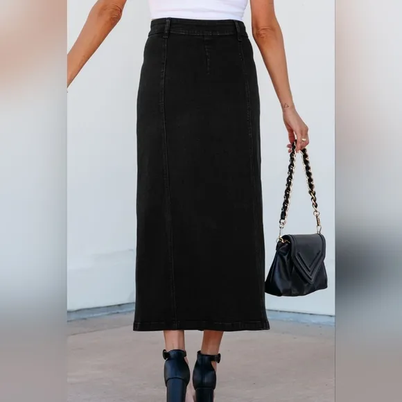 High-Rise Asymmetrical Button-Up Black Demim Front Slit Retro Jean Midi Skirt