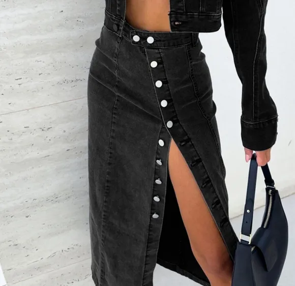 High-Rise Asymmetrical Button-Up Black Demim Front Slit Retro Jean Midi Skirt