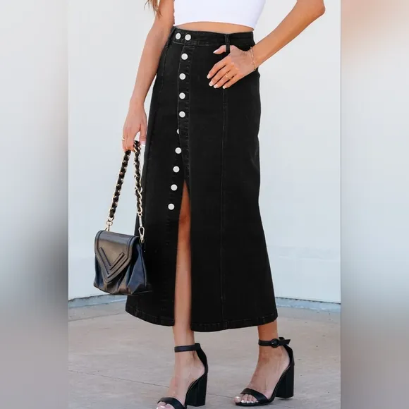 High-Rise Asymmetrical Button-Up Black Demim Front Slit Retro Jean Midi Skirt