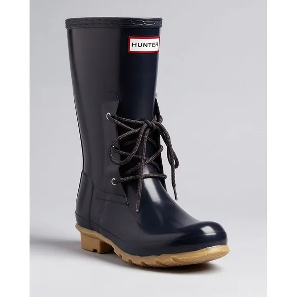 HUNTER Ackley Lace Front Rain Boots Size 8 Navy Blue Mid-Calf Waterproof Rubber