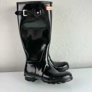 Hunter Boots‎ Wellies Original Tall Gloss Solid Black Shine Pull On Rain Water