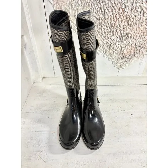 Hunter Regent Apsley Knee Length Wellington Rain Boots Black/Gray Women's US 8