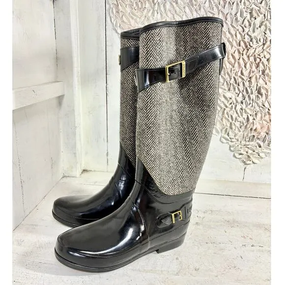 Hunter Regent Apsley Knee Length Wellington Rain Boots Black/Gray Women's US 8