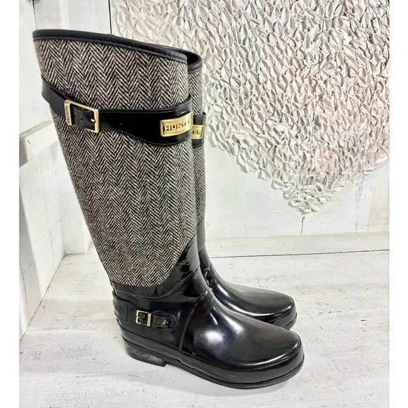 Hunter Regent Apsley Knee Length Wellington Rain Boots Black/Gray Women's US 8