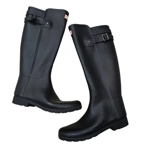 Hunter Refined Tall Rain Boots Women's 7 Black Buckle Strap Waterproof Outdoor