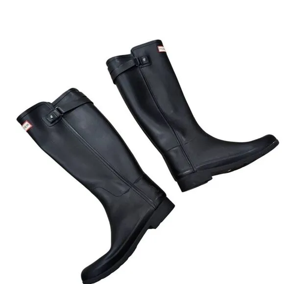 Hunter Refined Tall Rain Boots Women's 7 Black Buckle Strap Waterproof Outdoor