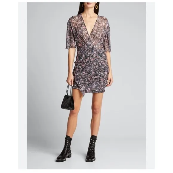 IRO Paris Muy Mui Gathered Printed Chiffon Mini Dress sz: 40 US 8