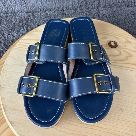 J Crew Leather Wood Sole Sandals Womens 8.5 Blue Shoes Double Strap Clogs