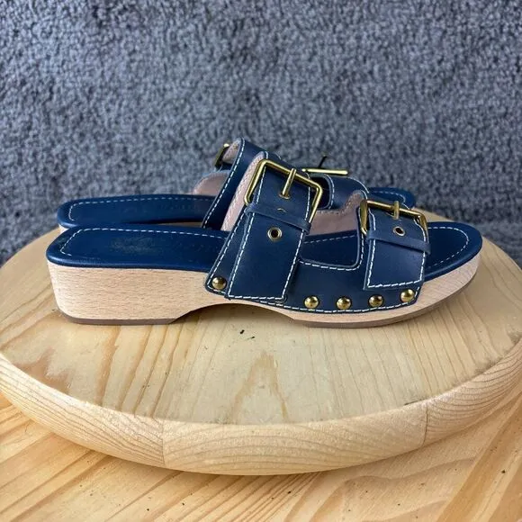 J Crew Leather Wood Sole Sandals Womens 8.5 Blue Shoes Double Strap Clogs