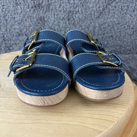 J Crew Leather Wood Sole Sandals Womens 8.5 Blue Shoes Double Strap Clogs