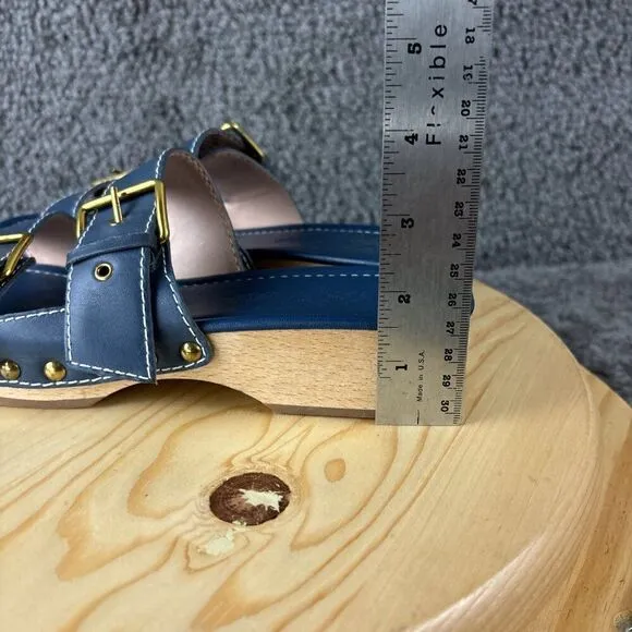 J Crew Leather Wood Sole Sandals Womens 8.5 Blue Shoes Double Strap Clogs